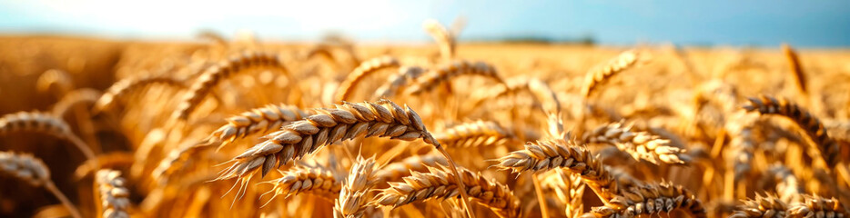 Close up of wheat ears, field of wheat in a summer day. Harvesting period. AI generated.