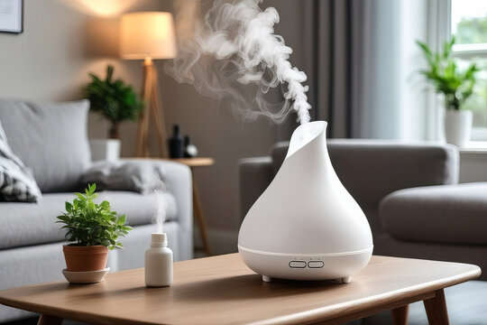 Aroma oil diffuser with rising steam flow on table in living room.