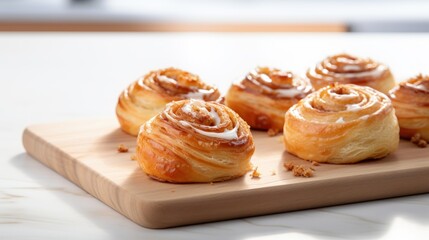 Obraz na płótnie Canvas a group of cinnamon rolls sitting on top of a wooden cutting board on a white counter top next to a cup of coffee.