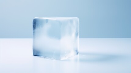 a block of ice sitting on top of a white table next to a light blue wall with a shadow on it.