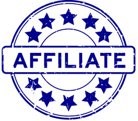 Grunge blue affiliate word round rubber seal stamp on white background