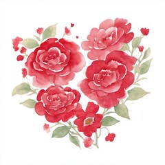 Red Watercolor Flowers in Shape of Heart on White Background