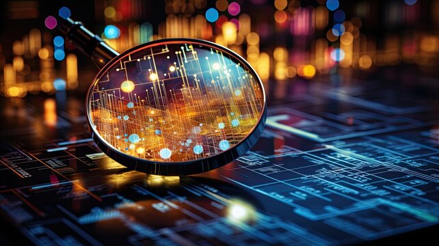 A magnifying glass zooming in on a chart of industrial data, symbolizing the examination and analysis of trends within the sector