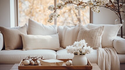 Visualize a person arranging throw pillows and blankets on a sofa, showcasing how small details can enhance interior aesthetics