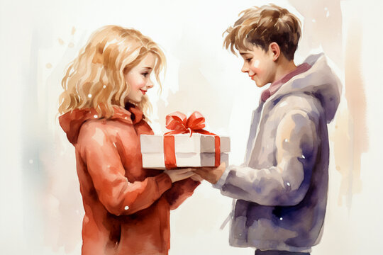 A teenage boy congratulates a nice girl on Valentine's Day and gives her a bright surprise box.