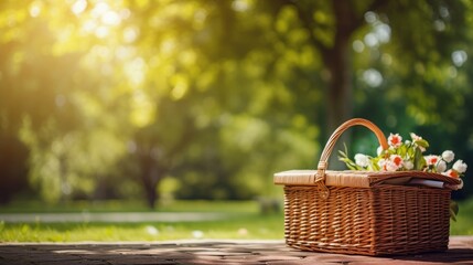 Picnic basket on the lawn with copyspace