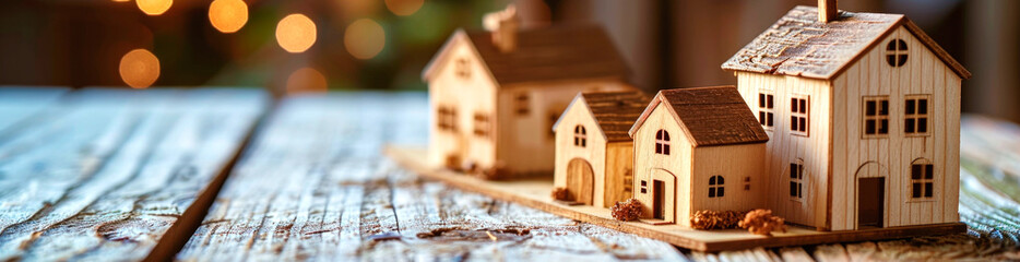 Fototapeta premium Real estate concept background. House model and coins stack on wooden table. AI generated.