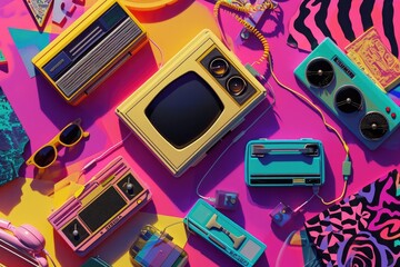A nostalgic 90s-themed image featuring iconic items like cd players Flip phones And bright Bold patterns.