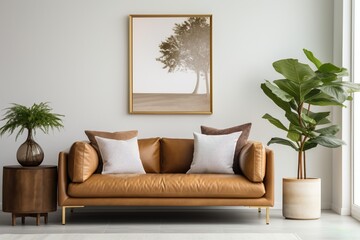 A living room with a brown leather sofa, a tree artwork, and a potted plant