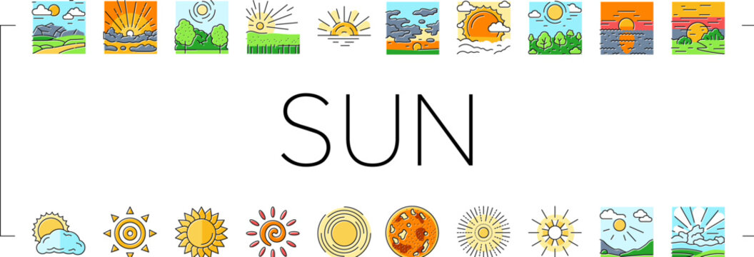 sun summer sunlight light icons set vector. sunshine element, sunrise weather, sunny heat, bright hot, shine circle sunbeam sun summer sunlight light color line illustrations