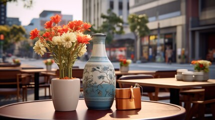  a couple of vases sitting on top of a table next to a couple of vases filled with flowers.