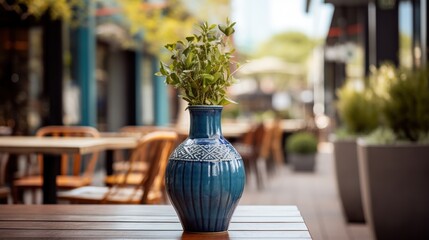  a blue vase with a plant in it sitting on a table in front of a restaurant with tables and chairs.