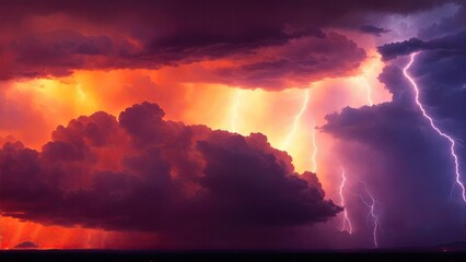 Fototapeta na wymiar Amazing lightning storm in orange light and dark clouds in the sky, Weather background banner
