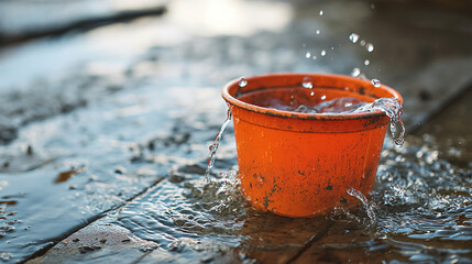 Orange bucket splashing on wet ground. - obrazy, fototapety, plakaty