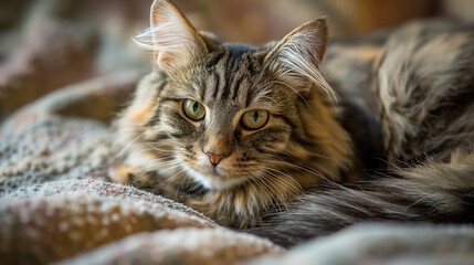 Tabby cat lounging on a cozy blanket.