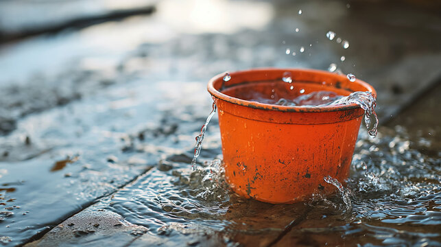 Orange bucket splashing on wet ground.