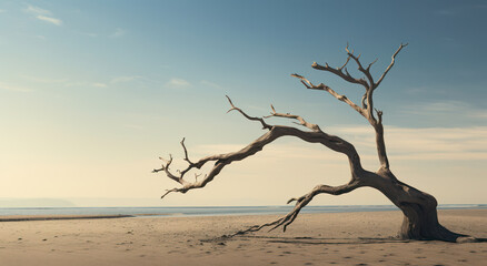 Scenic Sunset Reflection: Nature's Beauty Embracing a Tranquil Coastline with Driftwood on a Sandy Beach