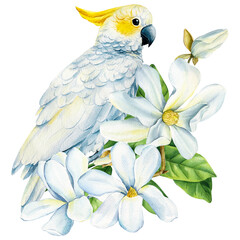 Beautiful white bird cockatoo sitting on branch of spring magnolia flowers isolated white background, watercolor clipart