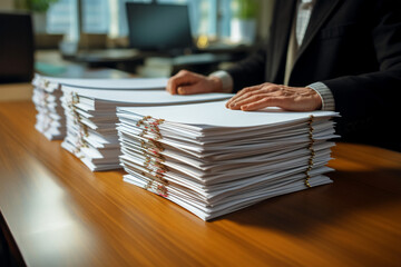 The hands of a male office worker in a business suit are sorting through documents stacked in a high pile - obrazy, fototapety, plakaty
