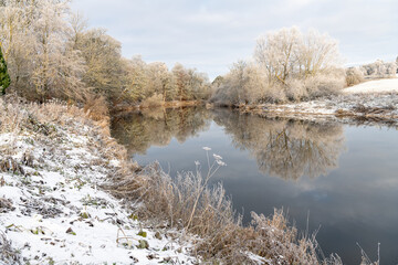 Reflections of snow covered trees in the River Teviot, Scottish Borders, United Kingdom