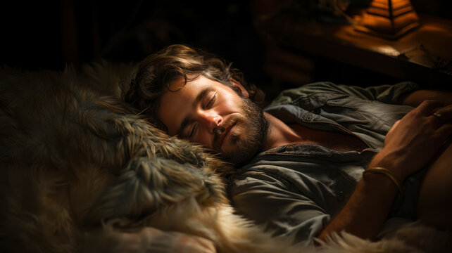 An adult man sleeps on lamb skins on a sofa in a chateau on a sofa, relaxation and sleep after a hike in the mountains, time to travel, World Sleep Day concept