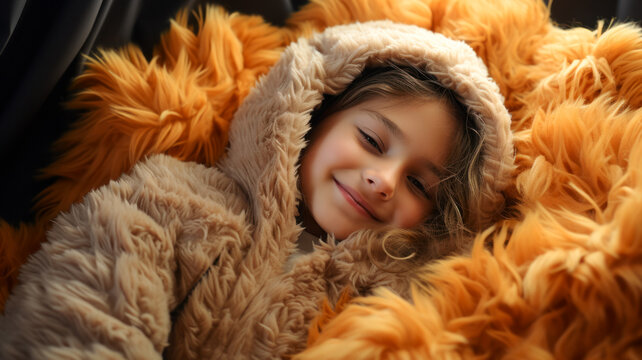 A girl in a fur hoodie lies on the sofa and smiles in her sleep, the concept of World Sleep Day, relaxation after traveling or hiking in the mountains