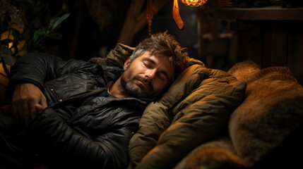 Fototapeta premium Bearded adult man sleeping in a down jacket on a sofa covered with a blanket, relaxation and sleep after hiking in the mountains, time to travel, World Sleep Day concept