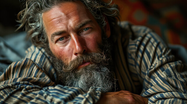 Portrait of an adult bearded man lying on the bed after waking up, the man looks at the camera, World Sleep and Laziness Day concept