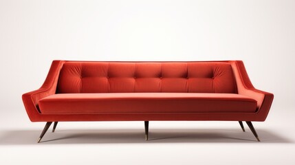  a red couch sitting on top of a white floor next to a white wall and a white wall behind it.