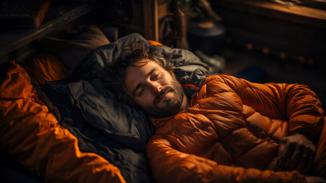 Adult bearded man in a jacket lying on a sleeping bag at a campsite, resting after climbing the mountains, World Sleep Day concept