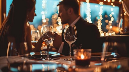 Romantic dinner in a restaurant, couple in love, girl and guy - obrazy, fototapety, plakaty