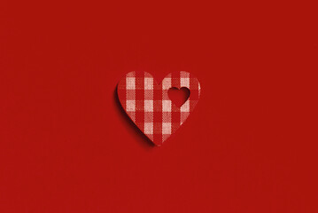 valentine's day red heart, red surface, top view,copy space.