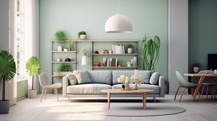 Stylish scandinavian living room and dining room with design mint sofa, mock up poster map, plants and elegant personal accessories. Modern home decor. Open space. Template. Ready to use.