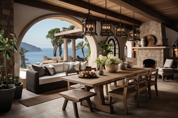 Rustic Mediterranean Style Home Terrace With Fireplace