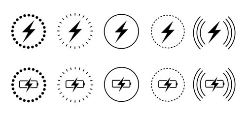 Fast charge symbol icon set . Phone charge simple signs.  Wireless charger concept. Wireless charging icons. Vector illustration.