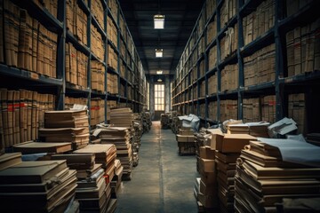 Old Warehouse. There are a lot of boxes and various documents on the floor and on the shelves