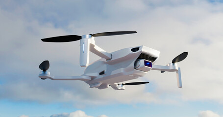 White drone on a background of blue sky. 3D render.