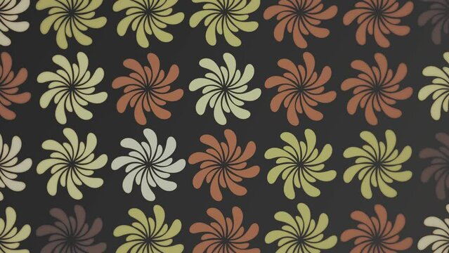 Trendy 1970s retro floral design pattern motion background animation. This vintage styled background with colorful flower shapes in warm color tones is 4K and a seamless loop.