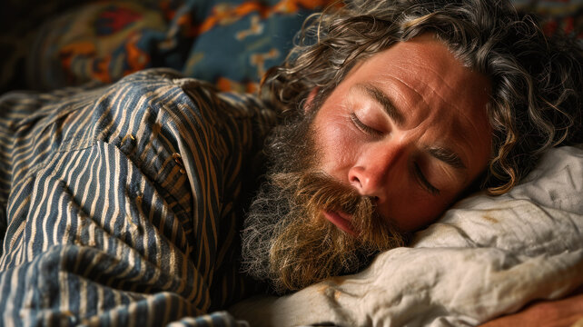 Portrait of an adult bearded man sleeping in his bed, World Sleep Day concept