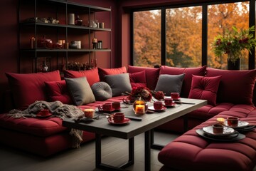 The interior of the living room with a burgundy sofa and a dining table
