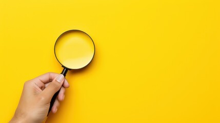  a person's hand holding a magnifying glass over a yellow background with a hand holding a magnifying glass. - obrazy, fototapety, plakaty