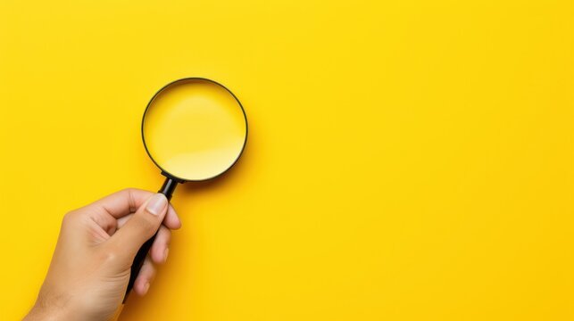  a person's hand holding a magnifying glass over a yellow background with a hand holding a magnifying glass.