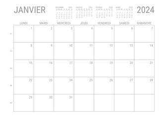 Calendrier Janvier 2024 Mensual Planificateur avec Numero de Semaine à imprimer A4 - obrazy, fototapety, plakaty