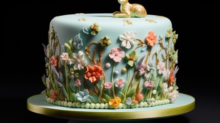  a close up of a decorated cake with flowers and a bird on top of a cake with a black background.