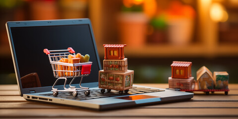 Digital Shopping Harmony: Illustrating the Symbiosis of a Laptop and Miniature Shopping Cart in an Online Cart Connection landscape Image with copy space