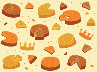 Galette des rois french epiphany king cake with crown. Vector icon background for epiphany day.