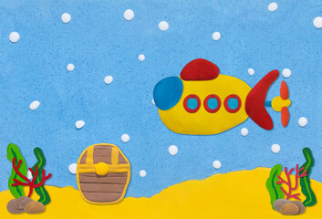 treasure chest and submarine in under sea with coral seaweed stone background made from plasticine