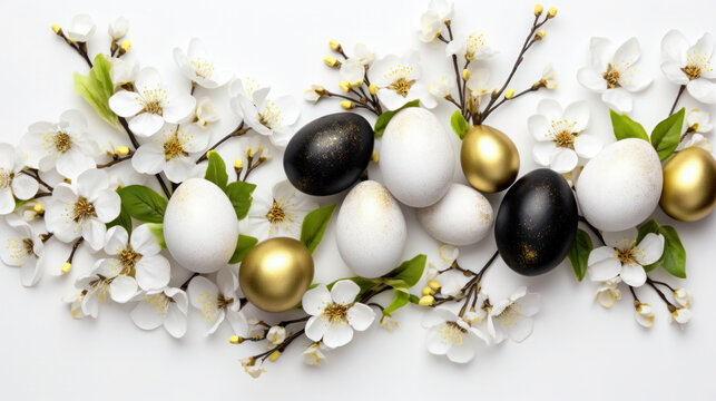 Easter white, black and golden eggs with glitter, apple blossom branch on white background, View from above