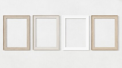 3D Rendering of mockup photo frame size DIN A4, set of 4. dark and light wood, and glossy white frame on white background	 - obrazy, fototapety, plakaty