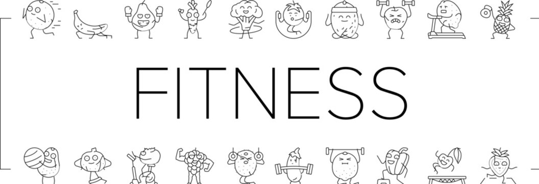 fitness character sport workout icons set vector. healthy, health exercise, gym training, fit body, activity weight, lifestyle fruit, food fitness character sport workout black line illustrations